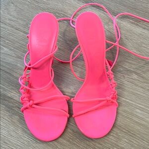 MANGO neon Pink Strappy Women's Sandals, ankle lace size 7.5